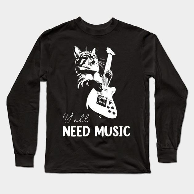 Cat Lovers Funny Cat Need Music Rock Cat Playing Guitar Long Sleeve T-Shirt by rhazi mode plagget